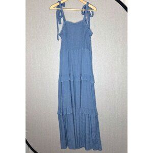 💙 Smocked Textured Bow Straps Maxi Dress Size L/XL Stretchy Cottage Cowgirl Com